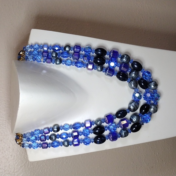 Vintage Jewelry - Glass Triple Strand Deep Blue Necklace 12-13" with 3" Extender Hook Clasp